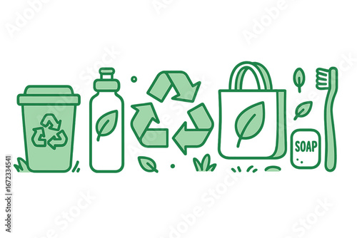 Minimalist Eco-Friendly and Recycling Concept with Sustainable Products and Everyday Green Items in Vector Cartoon Illustration
