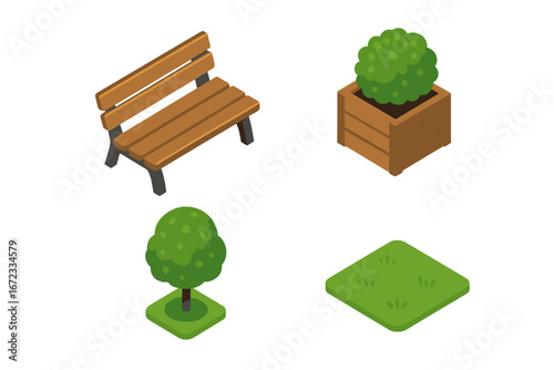 Urban park icons set with isometric wooden bench, planter box with topiary shrub, green tree and grass patch, flat vector illustration of outdoor greenery and seating zones for landscape design