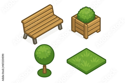Isometric Urban Park Icons Set with Wooden Bench, Planter Box, Topiary Shrub, and Grass Patch – Greenery and Outdoor Seating Vector Illustration on Transparent Background
