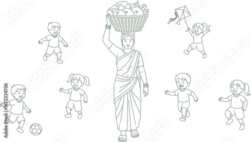 Woman children basket fruit kite soccer happiness playfulness community joy