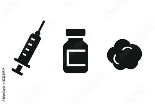 Vaccination tools icons set, solid filled syringe injection, vaccine vial bottle, cotton ball for medical injection process, healthcare symbols, vector illustration transparent background