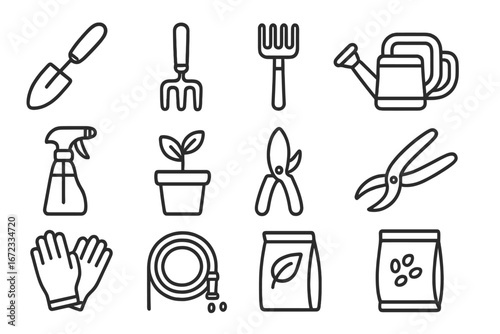 Set of line style web icons showing essential gardening tools and plant care equipment for landscaping, home gardening, garden maintenance, and horticulture tasks