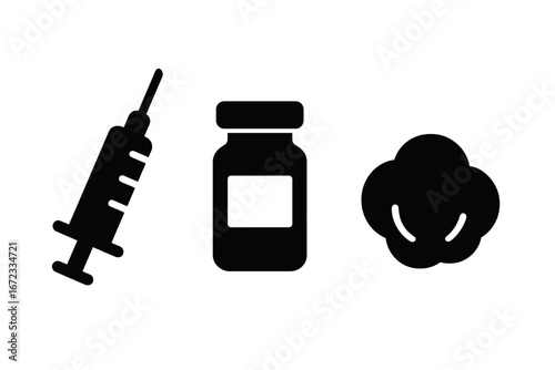 Vaccination Tools Icons Set, Solid Filled Vector Illustration of Medical Injection Syringe, Vaccine Vial, and Cotton Ball Symbols for Healthcare and Immunization