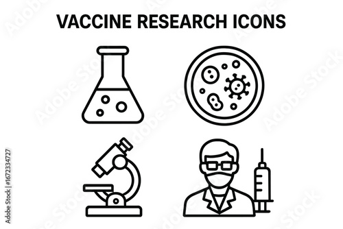 Vaccine Research and Development Icons Set, Outline Vector Illustration of Laboratory Flask, Petri Dish with Microbes, Microscope, Scientist with Syringe, Medical Science and Innovation