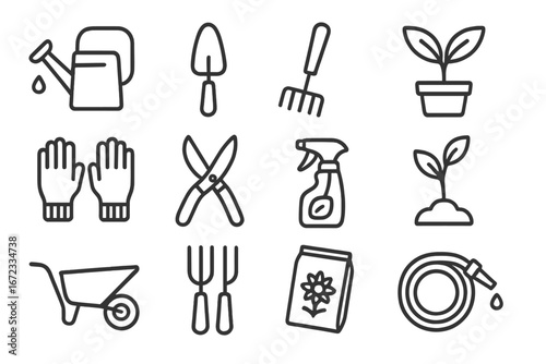 Set of web line style icons depicting essential gardening tools and plant care equipment for landscaping and home gardening tasks, vector cartoon illustration