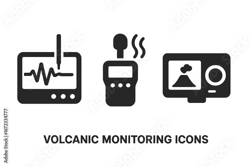 Volcanic monitoring icons vector set, solid filled volcanic activity tools, seismograph illustration, gas analyzer, thermal camera symbols, volcano science equipment kit