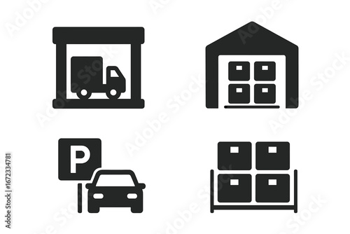 Warehouse Icon Set, Solid Filled Vector Illustration of Warehouse Infrastructure, Loading Bay, Storage Building, Parking Area, Industrial Storage Symbols, Logistics Icons