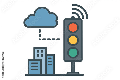 Advanced Traffic Signal Technology Enhancing Urban Safety and Efficiency through Real-Time Data Communication, Smart City Infrastructure, IoT Connectivity, Vector Cartoon Illustration