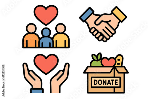 Symbols of Community Engagement and Mutual Support in Charitable Activities and Social Initiatives, Vector Cartoon Illustration with Transparent Background