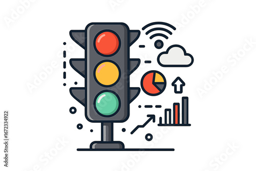 Traffic signal technology improves urban safety and efficiency with real-time data communication, wireless networks, analytics, and smart city infrastructure, vector cartoon illustration