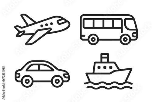Transportation icons representing various travel modes including airplane, bus, car, and ship in minimalistic black line art style, vector cartoon illustration with transparent background