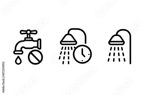 Water Conservation Icons Set, Outline Style, Faucet Turned Off Symbol, Shower Timer Icon, Low Flow Showerhead Illustration, Sustainable Water Use Awareness Vector