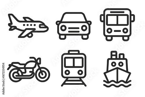 Transportation icons representing various modes of travel including airplane, car, bus, motorcycle, train, and ship in a minimalistic black line vector cartoon illustration with transparent background