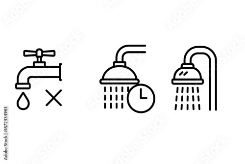 Water Conservation Icons Set with Faucet Turned Off, Shower Timer, and Low-Flow Showerhead Outline Illustration for Eco-Friendly Awareness and Sustainable Living