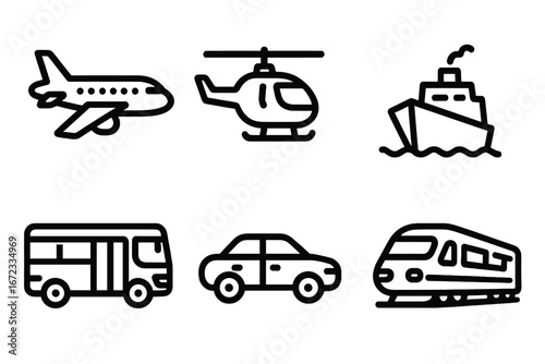 Transportation icons representing diverse modes of travel including air, land, and sea in minimalistic black outline style, vector cartoon illustration with transparent background