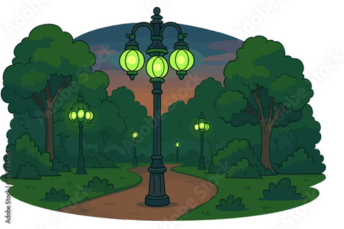 Unique street lamps in a serene park at dusk with glowing green globes, lush greenery, winding path, vintage lanterns, tranquil nature scene, vector cartoon illustration