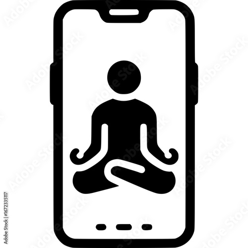 Inner Peace App: A minimalist graphic depicts a person immersed in meditation on a mobile phone screen, symbolizing the modern practice of mindfulness and well-being technology.