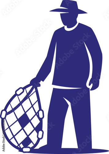 Fisherman fishing net catch sea ocean water marine nautical hat vector silhouette