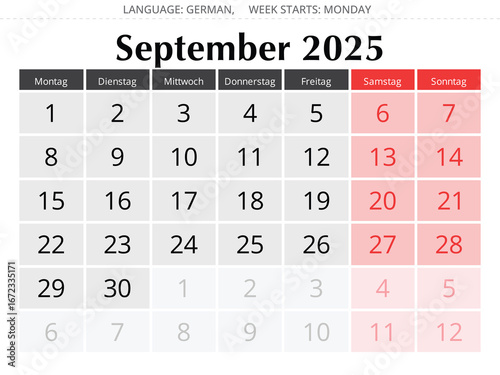 German calendar for september 2025. Vector illustration autumn month for Germany