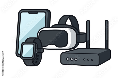 Variety of modern technology devices including smartphone, smartwatch, virtual reality headset, and wireless router, digital gadgets collection, futuristic tech concepts, vector cartoon illustration