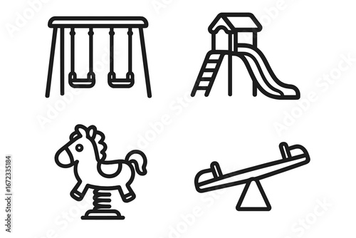 Playground equipment icons including swings, slides, rocking horse spring rider, and seesaw vector set, children’s outdoor play area symbols, cartoon style outline illustration