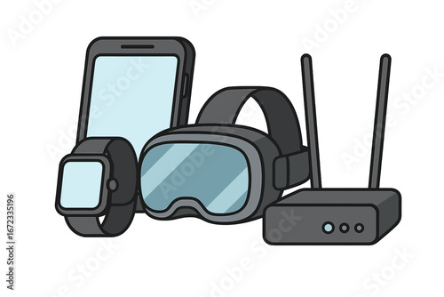 Variety of Modern Technology Devices Including Smartphone, Smartwatch, Virtual Reality Headset, Wireless Router, Digital Gadgets, Wireless Connectivity, Modern Electronics Vector Illustration