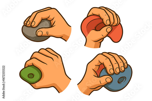 Various hand grips on climbing holds demonstrating rock climbing training techniques, finger strength exercises, and grip styles for indoor climbing practice, vector cartoon illustration