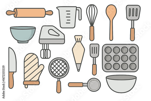Various Kitchen Tools and Utensils for Baking and Cooking in Minimalist Cartoon Vector Illustration, Rolling Pin, Whisk, Mixing Bowls, Measuring Cup, Oven Mitt, Piping Bag, Muffin Pan, Spatula