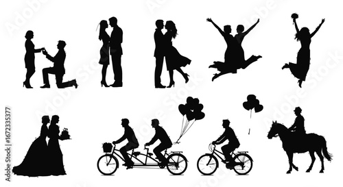 Diverse Romantic Silhouettes of Couples in Various Stages of Love