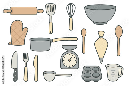 Various kitchen tools and baking utensils for cooking and baking minimalist design vector cartoon illustration with rolling pin, whisk, measuring cup, oven mitt, pot, scale, and muffin tray