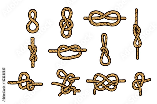 Various Types of Knots Vector Illustration, Rope Knots Collection for Education and Instruction, Cartoon Style, Nautical and Camping Knot Designs on Transparent Background, Set 1