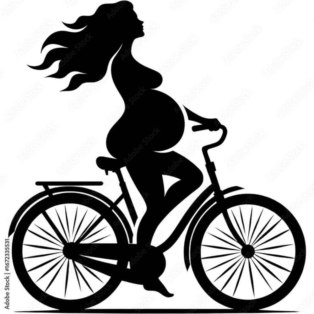 Obraz premium Pregnant silhouette bicycling: a striking silhouette of a pregnant woman gracefully rides a bicycle, symbolizing the beauty of motherhood and healthy living. 