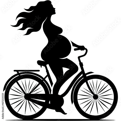 Pregnant silhouette bicycling: a striking silhouette of a pregnant woman gracefully rides a bicycle, symbolizing the beauty of motherhood and healthy living. 