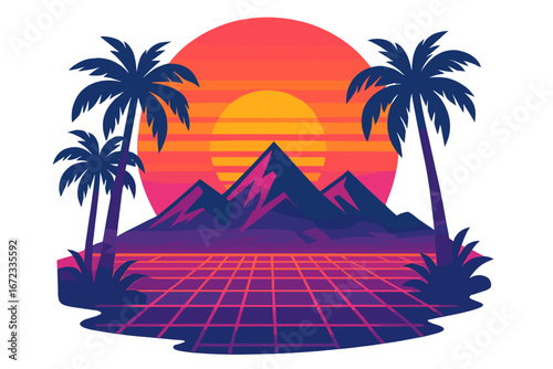 Vibrant retro futuristic landscape with mountains, glowing grid foreground, radiant sunset, and silhouetted palm trees, vector cartoon illustration with tropical and sci-fi elements