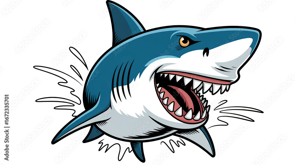 Fototapeta premium “Cartoon Illustration of Menacing Shark Wide Open Mouth with Sharp Teeth on Black Background