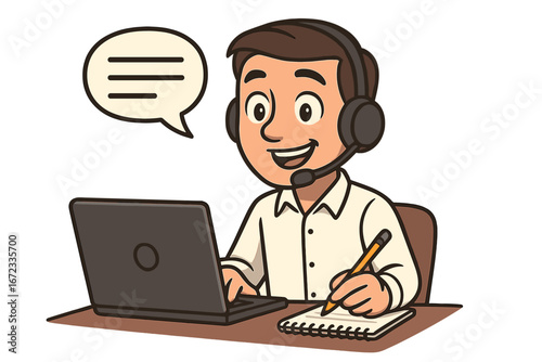 Virtual assistant providing customer support with headset, live communication, and note-taking, smiling male agent working on laptop, cartoon vector illustration