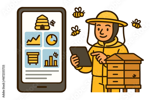 Beehive management app interface with data analytics, monitoring tools, and beekeeper using digital tablet, cartoon vector illustration for modern apiary technology and hive care