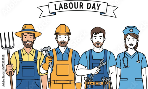 Labour day workers farmer construction mechanic nurse occupations teamwork