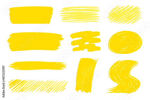 Yellow brush strokes on white background, various drawing styles and textures, artistic inspiration, abstract paint swatches, vector cartoon illustration, creativity design elements