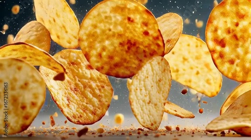Realistic potato chips suspended in mid-air, whole and broken with tiny crisp flakes scattered, golden crispy textures, high detail, isolated on white or transparent background, snack packaging photog