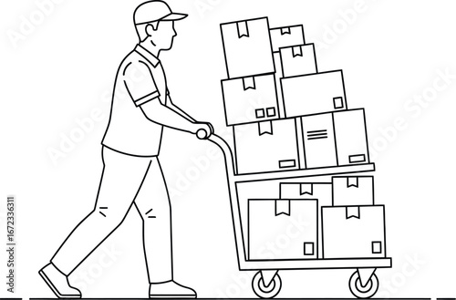Delivery man boxes package shipping distribution service order courier transport cart