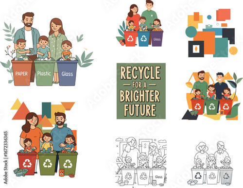 Family recycling illustration set, teaching kids environmental responsibility, paper plastic glass waste sorting, eco-friendly education, sustainability, zero waste concept