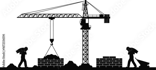 Construction site crane building workers bricks silhouette industry labor