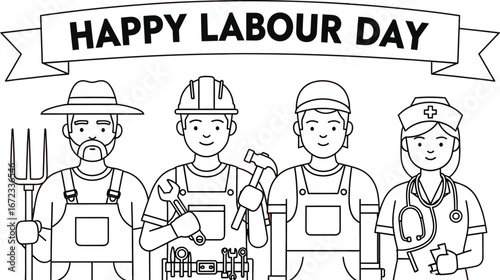 Happy labour day workers farmer builder tradesman nurse occupations jobs work