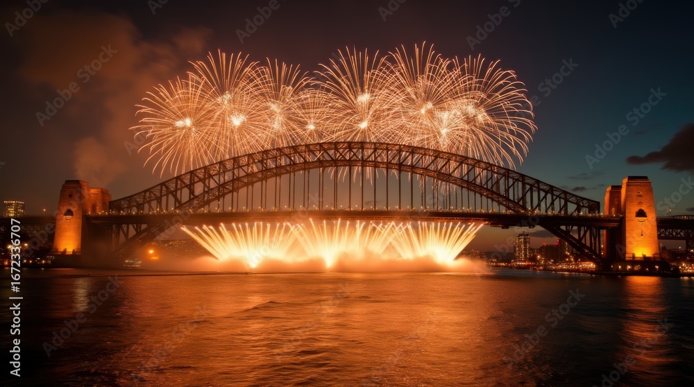 Naklejka premium Stunning cascade of golden fireworks falling from bridge structure into harbor waters during midnight celebration