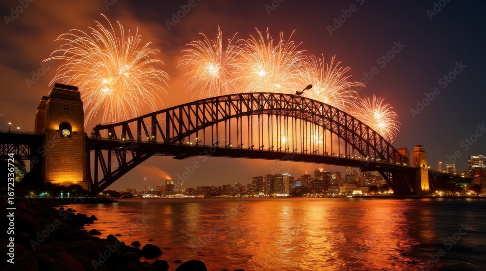 Naklejka premium Stunning cascade of golden fireworks falling from bridge structure into harbor waters during midnight celebration