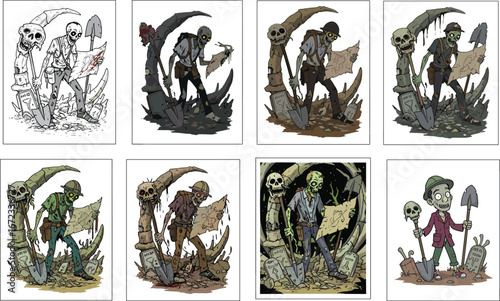 Cartoon zombie miner in graveyard searching with map and shovel, horror themed undead illustration showing sketch to fully colored art variations vector