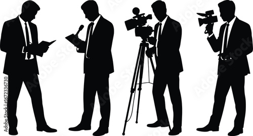 Professionals in business attire operating cameras and taking notes in silhouettes