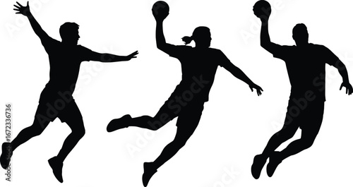 Three handball players in mid-air executing dynamic jumps and shots silhouetted action