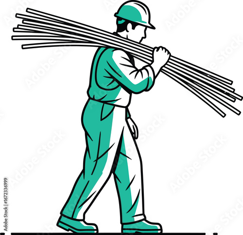 Construction worker carrying metal rods steel building industry labor hard work